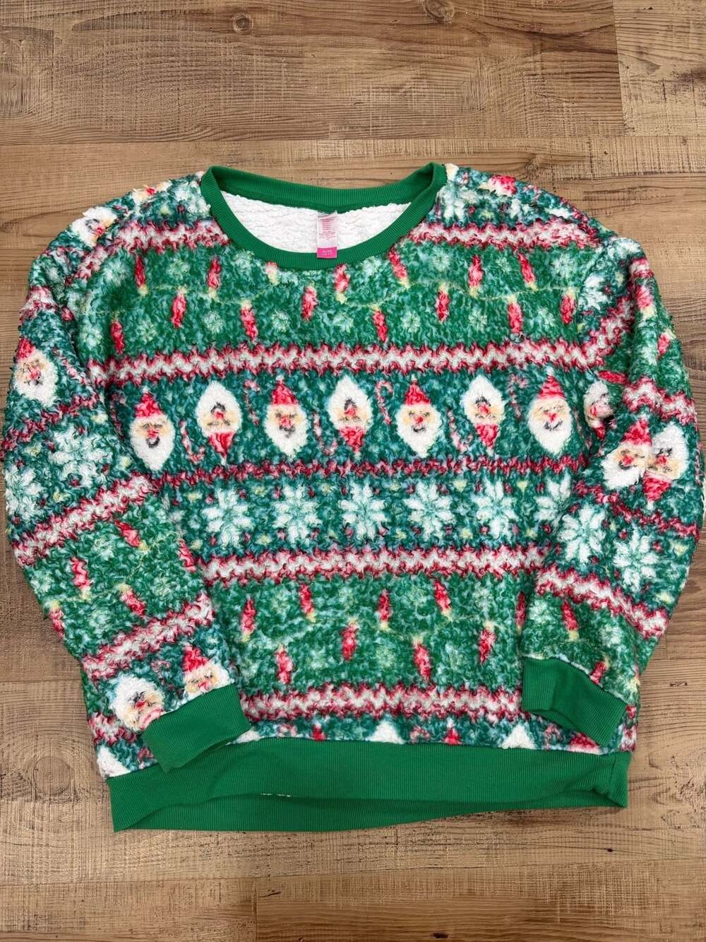 No Boundaries Christmas Sweatshirt JUNIORS XL 15-17 Green Santa Fleece Pullover